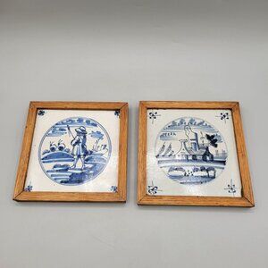 Antique Delft Tiles in Wood Frames 1800's Set of 2